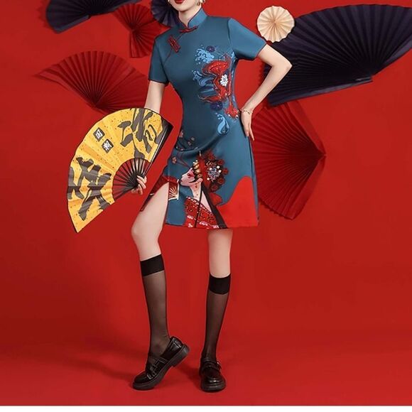 Elegant Blue Dragon Print Mini Dress - Picture 7 of 13